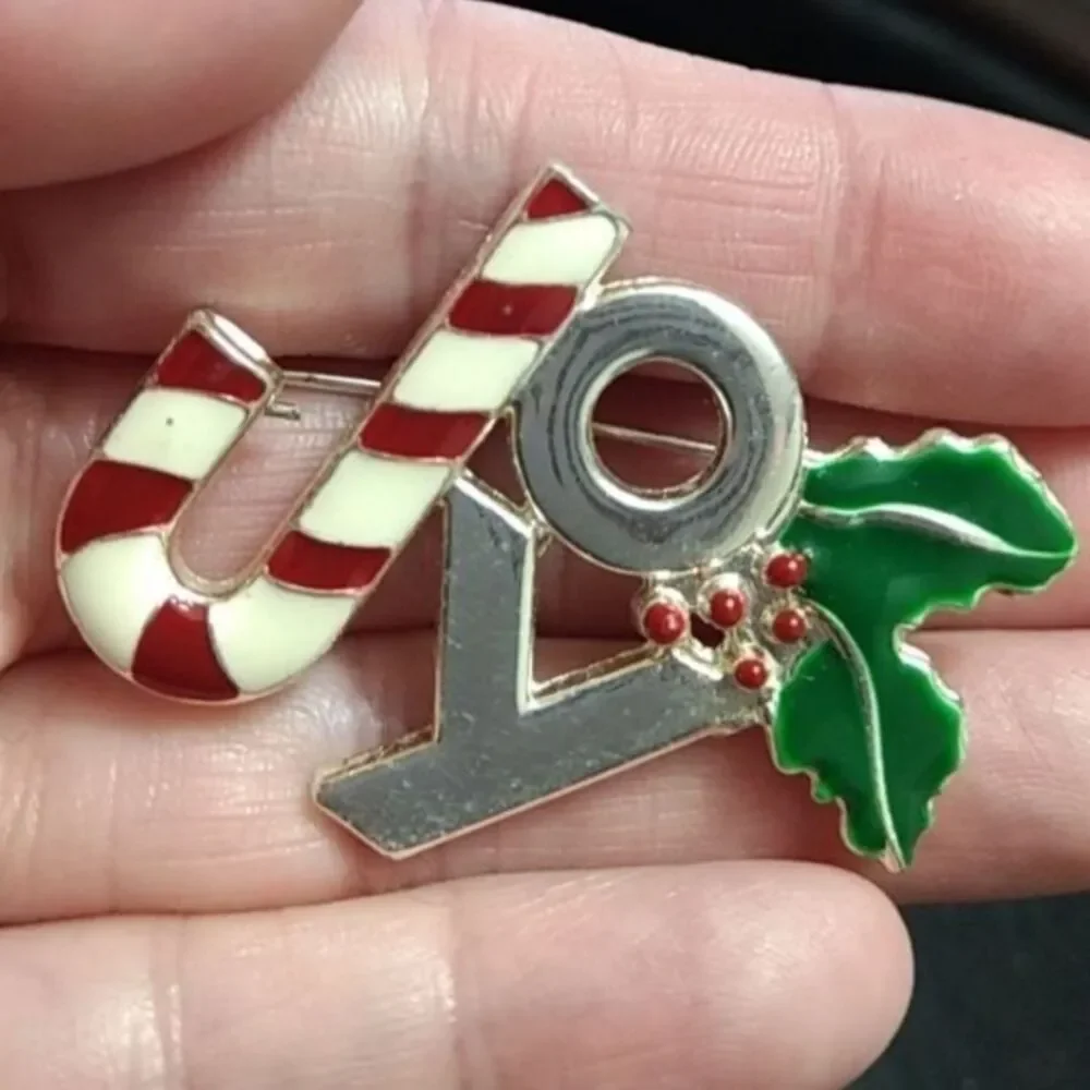 Silver tone joy brooch Candy Cane Holly Red Green